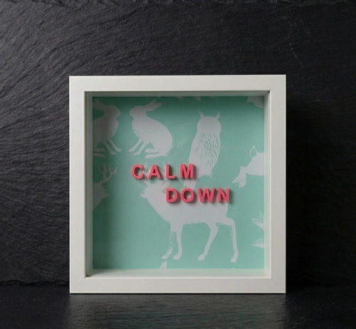 3D Wandbild mit Spruch CALM DOWN | Personalisiertes Geschenk | Objektrahmen 20x20 | Lustige Sprüche Serie | Waldtiere Mint | Unikat Design
