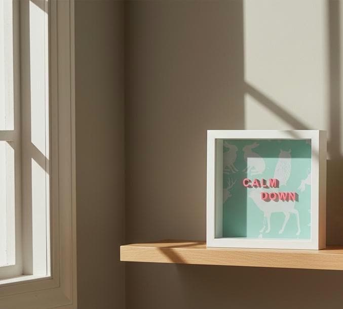 3D Wandbild mit Spruch CALM DOWN | Personalisiertes Geschenk | Objektrahmen 20x20 | Lustige Sprüche Serie | Waldtiere Mint | Unikat Design