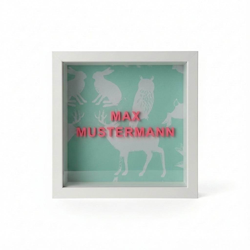 3D Wandbild mit Spruch CALM DOWN | Personalisiertes Geschenk | Objektrahmen 20x20 | Lustige Sprüche Serie | Waldtiere Mint | Unikat Design