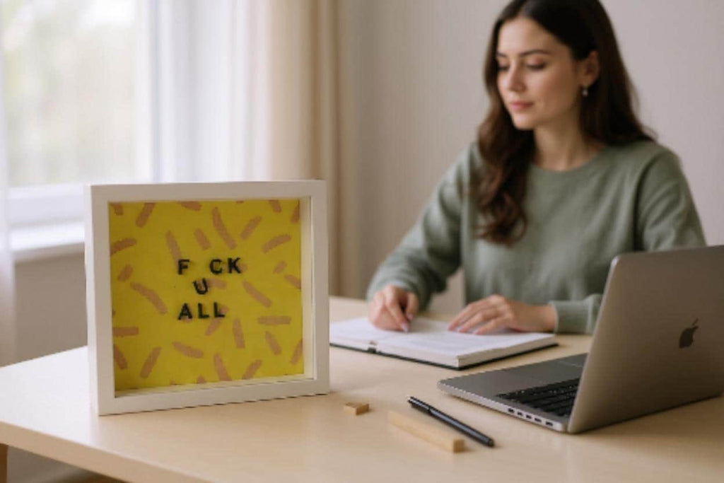 3D Wandbild "F*CK U ALL" | Provokantes Statement & Büro Humor | Lustiges Geschenk Sarkasmus | Rahmen Gelb Pink | Modern Art 20x20